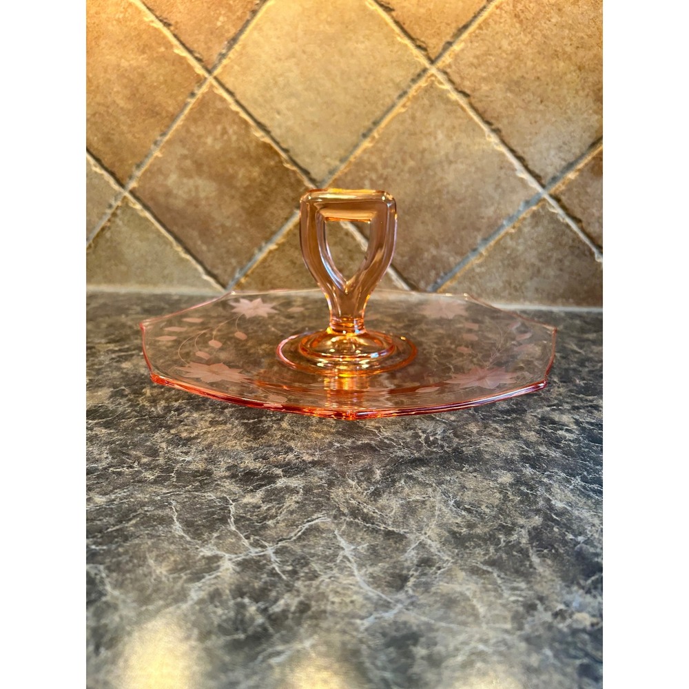 Vintage Pink Depression Glass Serving Tray Etched Floral Octagon w/ Handle 1930s